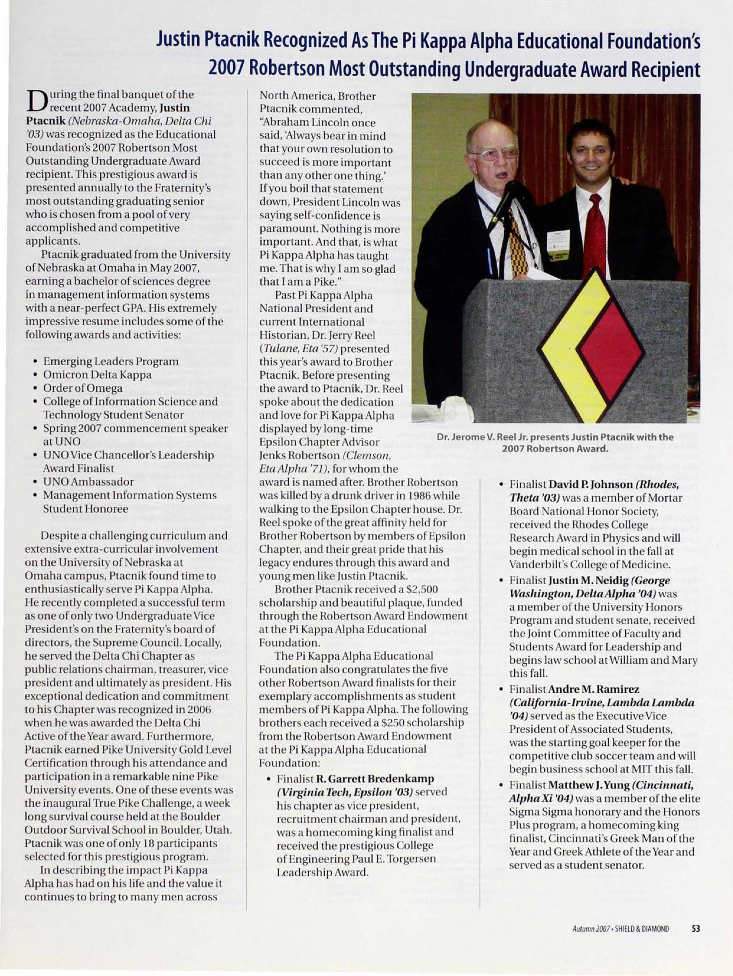 Justin Ptacnik Recognized as the Pi Kappa Alpha Educational Foundation's....